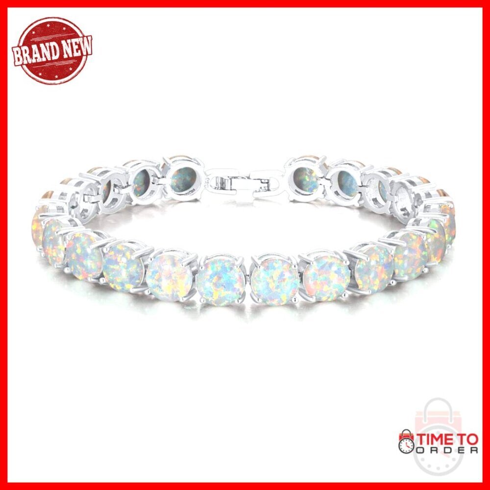 18K White Gold Plated Created Opal Crystal Tennis Bracelet 20.7cm